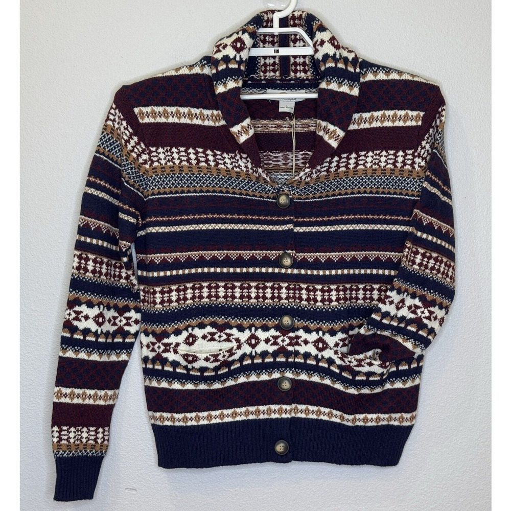 Bob Timberlake Sweater Cardigan Womens Sz Large Blue Maroon Shawl‎ Collar NEW